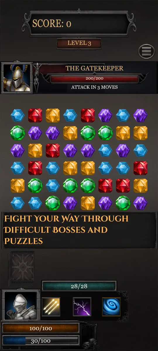 Gameplay: fighting The Gatekeeper on a board of gems